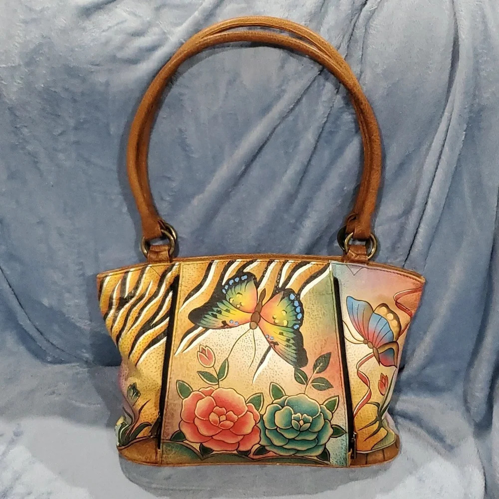 Anuschka butterfly floral double handle handpainted leather shoulder bag nwot